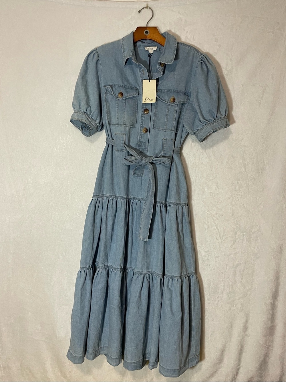 Elan Light Blue Denim Tiered Maxi Dress with Tie Waist